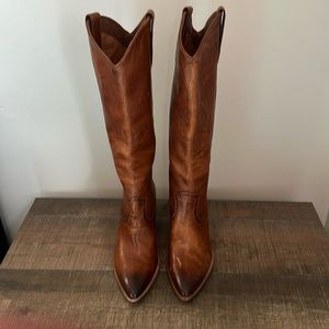 Frye Brown Leather Knee-High Western Heeled Boots